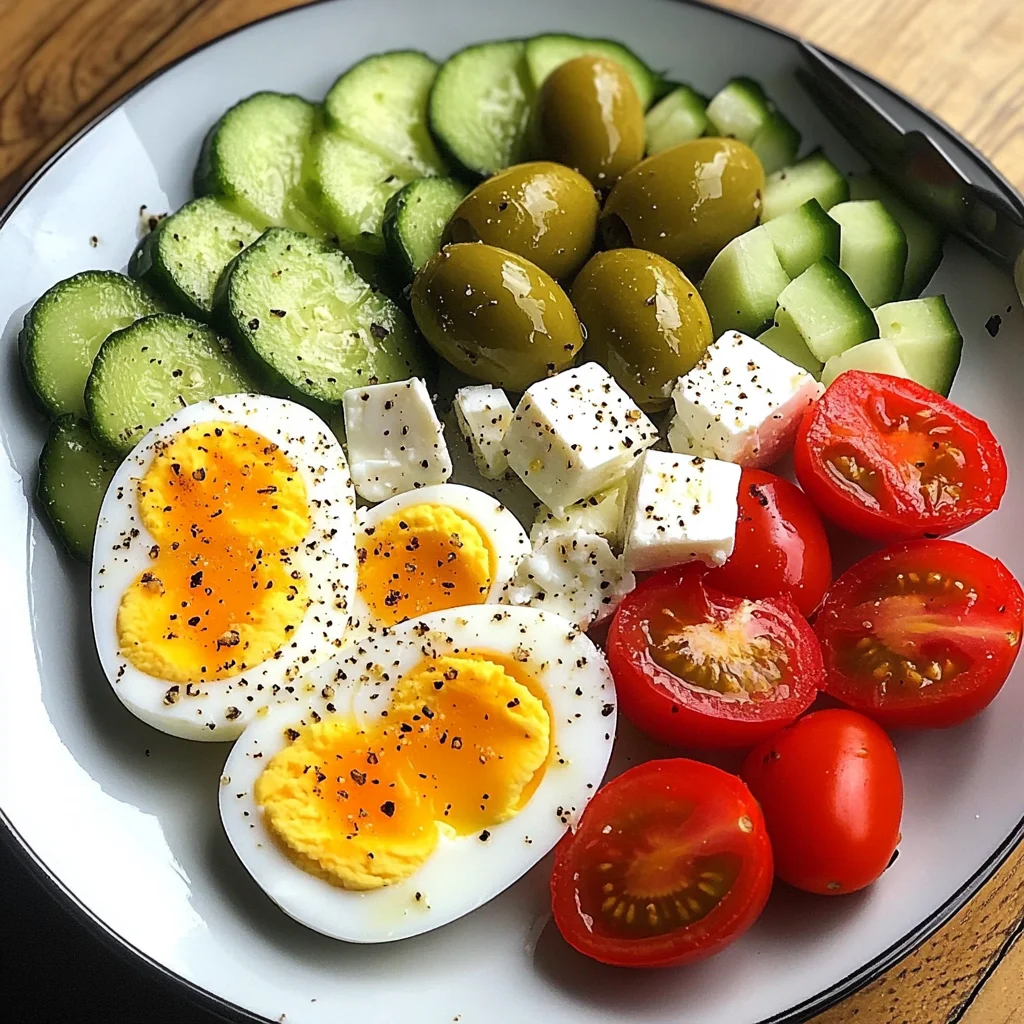 Avocado & Soft-Boiled Egg Breakfast Plate with Feta, Olives & Veggies