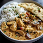 Creamy Chicken Curry with Golden Mushrooms, Rice & Warm Naan