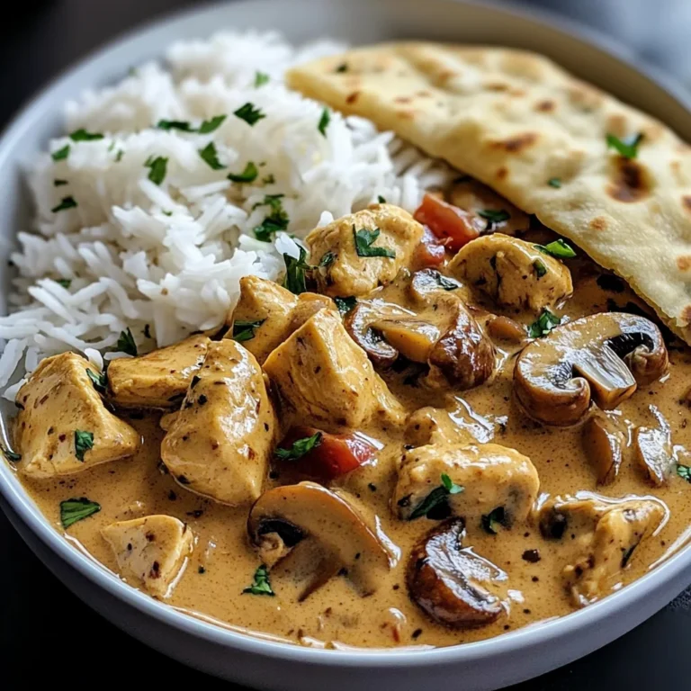 Creamy Chicken Curry with Golden Mushrooms, Rice & Warm Naan