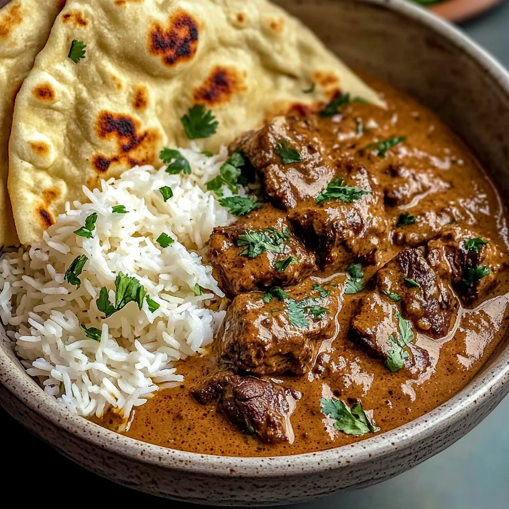 Creamy Coconut Curry Beef with Rice and Garlic Naan