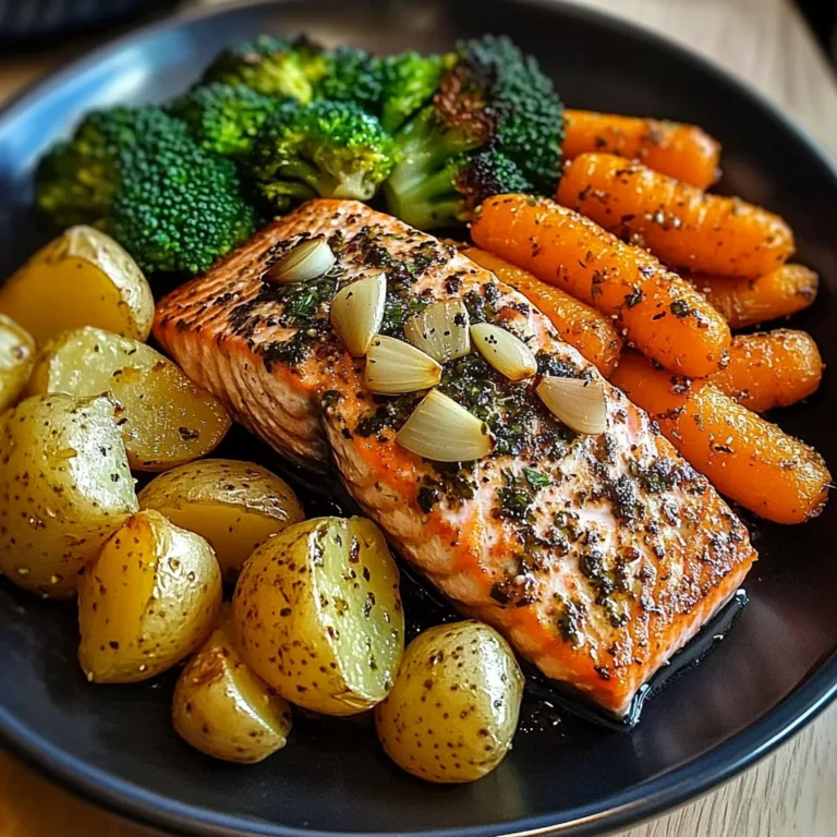 Garlic-Herb Salmon with Roasted Potatoes, Glazed Carrots & Broccoli