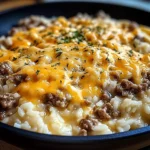 Garlic Butter Beef and Rice Skillet with Cheddar Parmesan Sauce