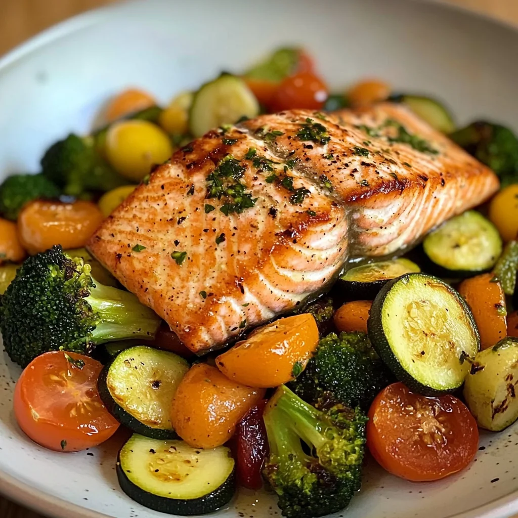 Pan-Seared Salmon with Garlic Veggie Medley